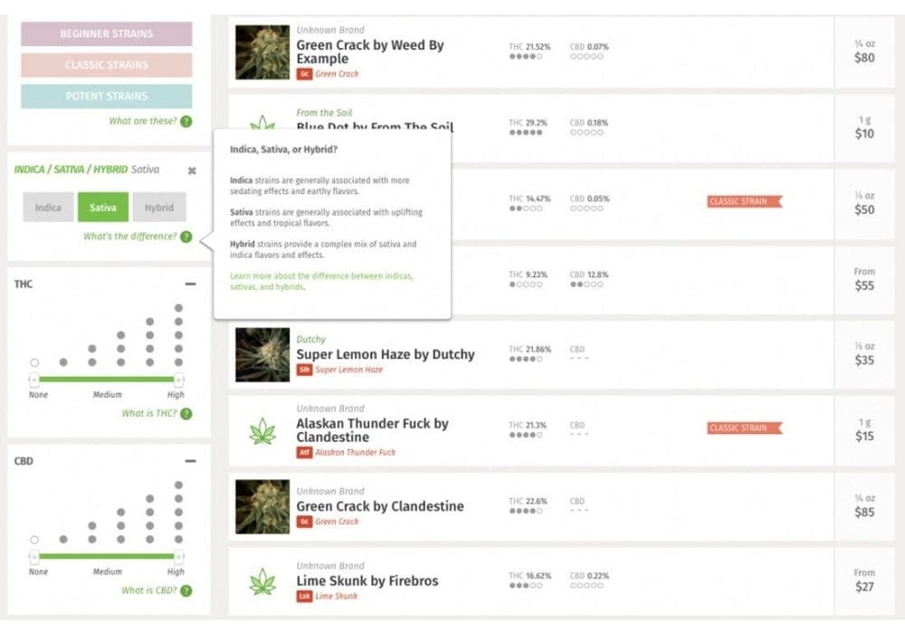 リーフリー（Leafly.）の新メニューシステム上で検索フィルターをかけて、フラワー、エディブル、プリロール製品を表示した例