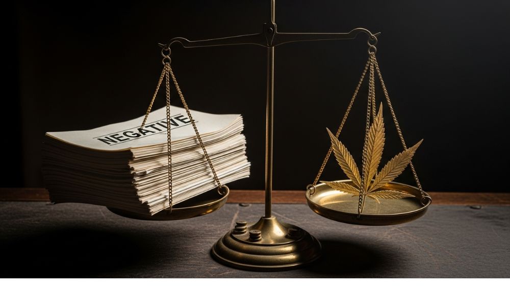天秤の片側に『NEGATIVE』と書かれた検査報告書の束、もう一方に大麻の葉が置かれ、バランスを取っている様子。科学的検査結果と大麻規制・スティグマの対比を象徴