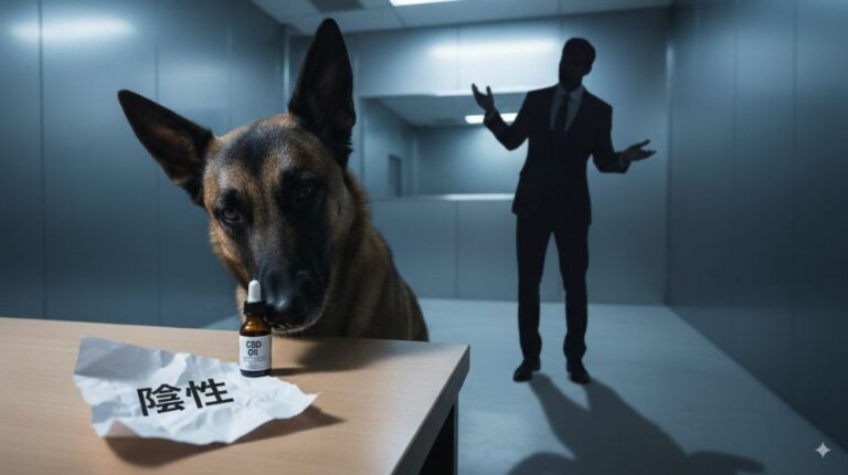 警察犬がCBD製品を嗅いでいるが陰性検査票が横に置かれ、困惑する男性シルエット