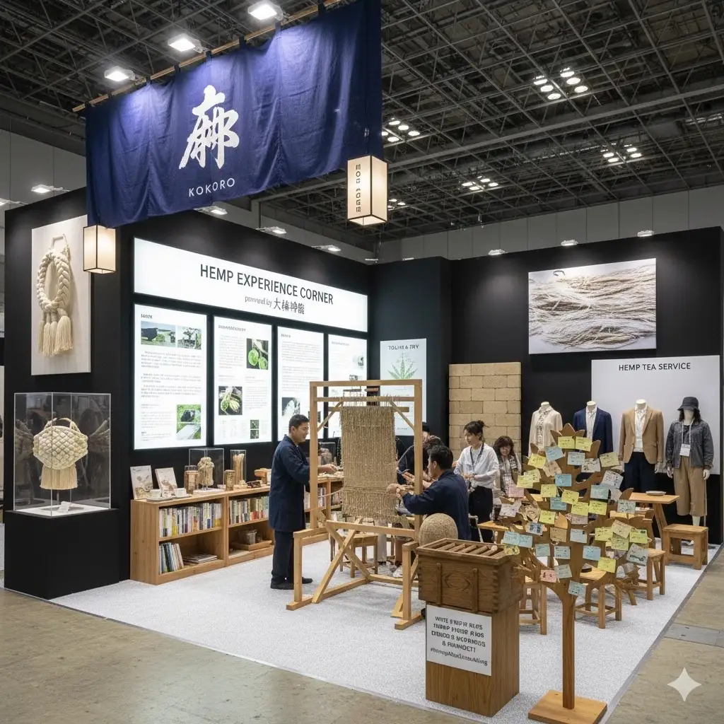 Japan International Hemp Expo（JIHE）会場内の『HEMP EXPERIENCE CORNER（ヘンプ体験コーナー）』展示風景。大麻神社がプロデュースし、麻糸づくりや織り体験、麻製品の展示、麻茶の提供など、日本の伝統的な麻文化を体感できるブース。職人が織機で麻布を織り、来場者が見学・体験している様子。