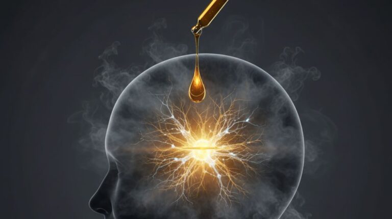 透明な人間の頭のシルエットの中に、光り輝く神経細胞のネットワーク。上からはスポイトが黄金色のオイルを一滴垂らしており、脳が活性化する様子を描いている。