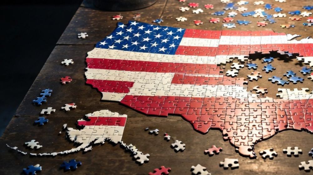 星条旗デザインのジグソーパズルで表現されたアメリカ合衆国の地図と、周囲に散らばるピース