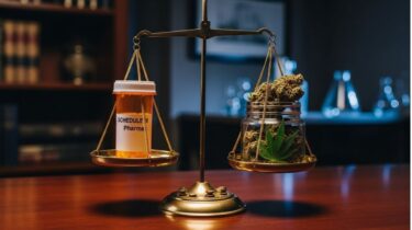 大麻と処方薬の瓶を載せた天秤。大麻のスケジュール再分類と医薬品化の象徴