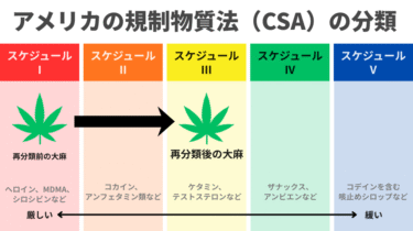 アメリカの規制物質法（CSA）における大麻の再分類を示すインフォグラフィック。