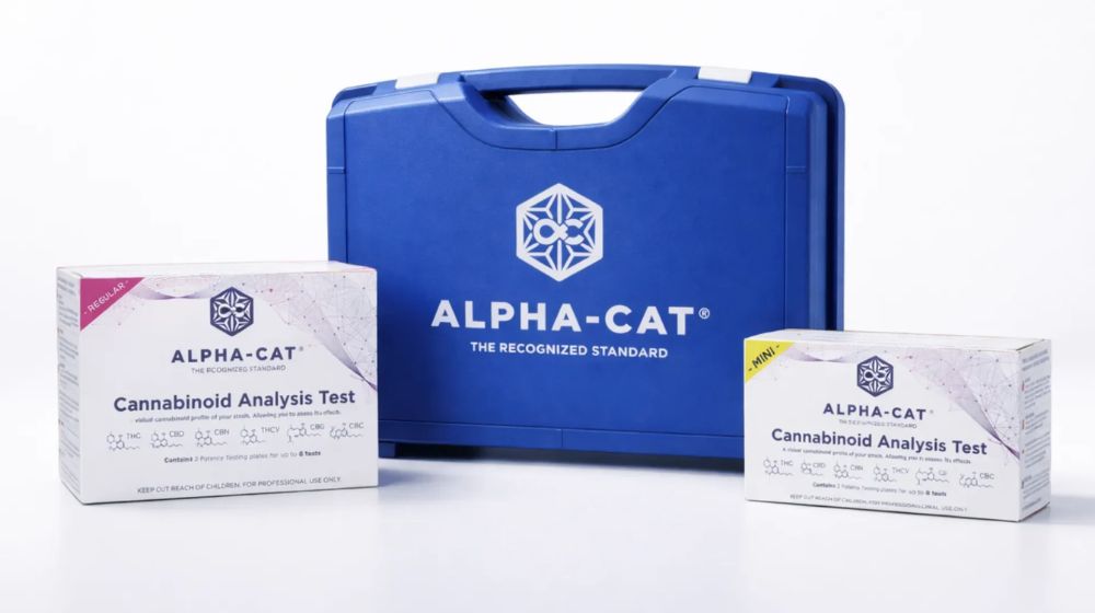 ALPHA-CAT キャナビノイド分析テストキット - ブルーのハードケースとREGULARサイズ・MINIサイズの白いパッケージ