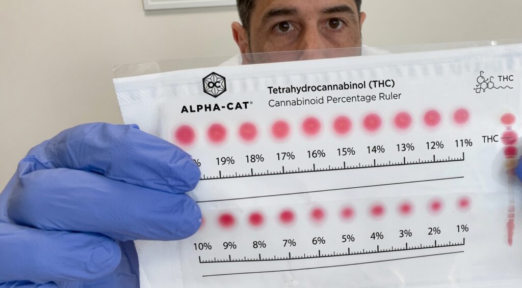 青い手袋をした手でTHC（テトラヒドロカンナビノール）濃度測定ストリップ（ALPHA-CAT製）を保持している様子。19%から1%までのCannabinoid Percentage Rulerが表示され、複数のピンク色の反応ラインが見える。背景に男性の顔が一部写っている。