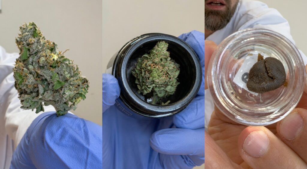 3枚の写真のコラージュ：左は青い手袋で大きな大麻の花芽（ブロッサム）を持つ、中央は黒い瓶に入った大麻の蕾、右は透明なガラス瓶に入った黒いハッシュ（濃縮物）を指で持つ様子